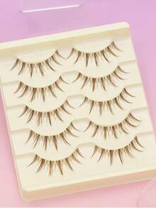 5 Pairs Natural Assorted Matching Eyelashes, Brown 3D Eyelashes. Rootless Eyelashes With Simple And Comfortable Fit, Soft And Natural Curl, Essential Makeup For Beginners. Suitable For Daily Wear, Can Create Various Fashionable Eye Makeup Looks - 棕色 - 查看 5