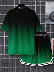 Men's Gradient Letter "King" Print Round Neck Short Sleeve Top And Shorts Set - Green - View 4