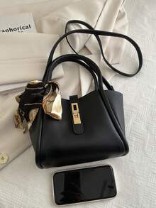 Adjustable Strap Handbag, PU Material, Solid Color, Top Zip Closure, Random Printed Pattern, Oiled Edge, Suitable For Women's Daily Use - Black - View 6