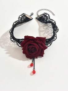 1pc Vintage Elegant Hollow Out Lace Flower Pendant With Beaded Chain Collar Necklace For Women Gothic Jewelry Daily Wear Prom Accessories - Multicolor - View 7