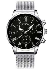 两枚简约商务男士石英表，男士商务轻奢石英表套装，包含黑色表壳配黑色表盘和银色表壳配黑色表盘两种款式，注重经典商务设计和耐用网状表带。 - 黑色 - 查看 2