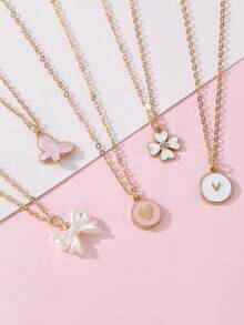 Set de 5 collares con diseños de mariposa, flor y corazón, adecuado para decoración diaria para niñas y adolescentes - Multicolor - Ver 3