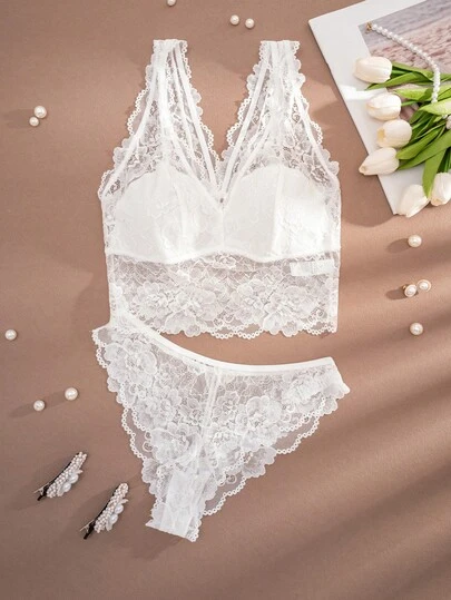1 Set Women's Solid Color Lace Comfortable Lingerie Set