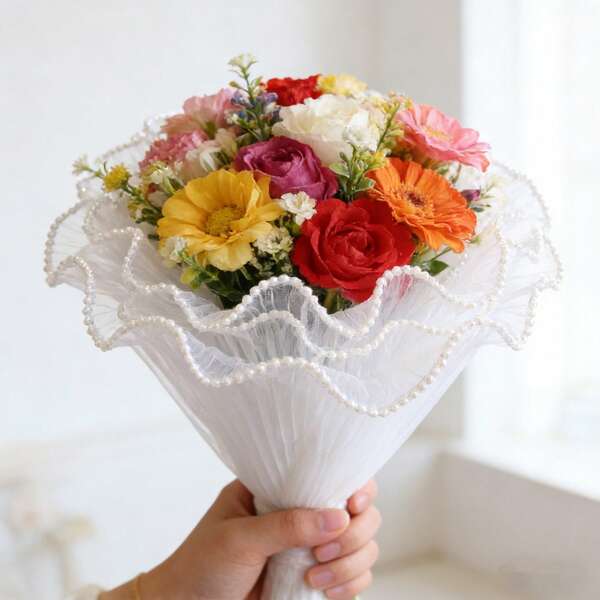 1pc Faux Pearl Ruffle Flower Bouquet Wrapping Paper, Floral Net Veil Gift Decoration Material For Party, Florist, Valentine's Day, Wedding Gift Packaging