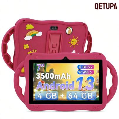 Qetupa แท็บเล็ต Android 13 สำหรับเด็ก ขนาด 7 นิ้ว, RAM 4GB + ROM 64GB, โปรเซสเซอร์ RK3562 Quad-Core 1.3GHz, หน้าจอสัมผัส IPS 1024*600, แบตเตอรี่ 3500mAh, กล้องคู่ 2MP+5MP, ของขวัญที่สมบูรณ์แบบ