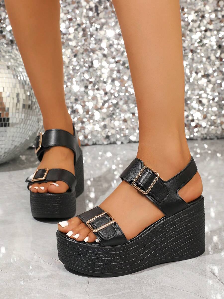 Women's Black Single Strap Platform Sandals, Summer Shoes, Must-Have For Shoe Cabinet - Black - View 1
