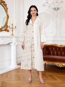 Đầm bạc thêu đính cườm thanh lịch kiểu mới 2026, đầm thời trang xuân hè dành cho nữ, đầm tay dài cổ cài cúc phía trước kiểu JALABIA, mang đến không khí lãng mạn nhẹ nhàng cho lễ Phục Sinh, trang phục truyền thống Ramadan. - trắng - Xem 6