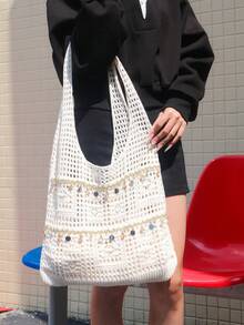 女士手提包，大容量可折叠镂空针织包，是夏季休闲度假、海滩旅行和浪漫假期的理想之选 - 米色 - 查看 11