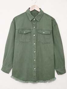 Women's Solid Color Denim Ripped Long Sleeve Denim Jacket, Spring/Autumn Casual - Green - View 5