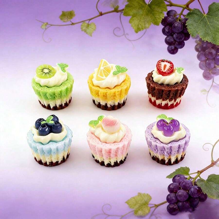 6pcs Mini 3D Fruit Cake, Realistic Fruit Cream Cake Decor, Mini Fruit Cake Series Toy Food, Dollhouse Food Toy, Pretend Play Toy, DIY Decor Accessory - Multicolor - View 1