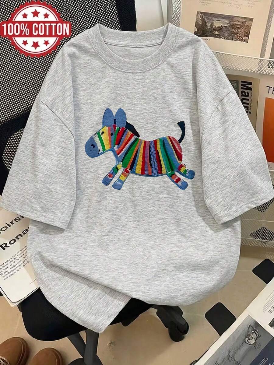 Camiseta de manga corta con cuello redondo, de estilo japonés, holgada y versátil, con estampado, para primavera y verano - Gris claro - Ver 1