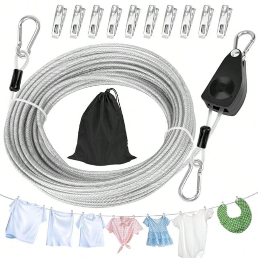 Clothesline For Travel50Ft Retractable Cloteine Outdoor Eavy Duty Travel Cloteine Retractable Clotes Line  Ouide Travel Cam Clotes Line Galvanized Steel Material Wit 10 Cls Stoe Bag - White - View 1