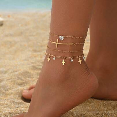 4pcs/Set Unique Heart & Cross Rhinestone Decor Multilayer Anklet, Fashionable Versatile Tassel Gold Tone Foot Jewelry Suitable For Daily Wear, Party, Holiday, Music Festival
