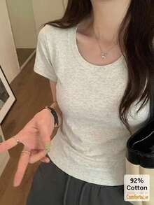 短袖T恤，百搭短袖T恤，女士短袖上衣，修身纯色打底衫，休闲夏季 - 花灰色 - 查看 3