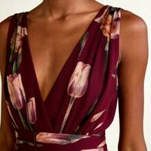 Women's Deep V-Neck Floral Print Swing Midi Dress Casual A-Line Flowy Dress For Daily Beach Vacation Date Night - 酒紅色 - 查看 6