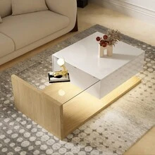 High-Tech Flair Coffee Table / Modern High-Gloss Coffee Table / Living Room Table / Glass Top, With Drawer / Suitable For Living Rooms And Office Areas - Natural - View 7