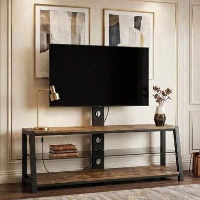 TV-Schrank Aus Holz Mit Schwarzem Hartglas, Höhenverstellbarem TV-Ständer, Multidirectional Schwenkbarem Entertainment-Center Mit Wandhalterung, Brown-H125/B116/T42cm
