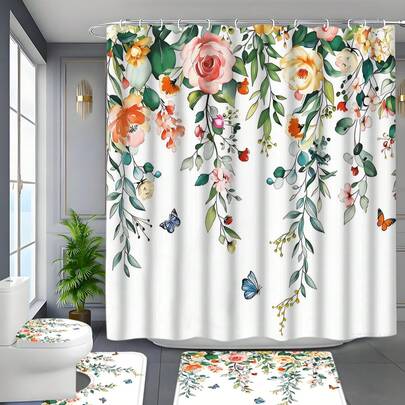 Rèm tắm in họa tiết hoa màu nước sống động kèm móc treo - Thiết kế hoa nở rộ, chất liệu polyester, dễ giặt, trang trí phòng tắm trang nhã cho bồn tắm hoặc vòi sen, rèm sử dụng quanh năm | Vật dụng trang trí phòng tắm | Rèm có thể giặt, bộ rèm tắm