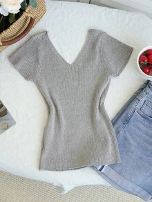 Áo dệt kim tay ngắn cổ chữ V, chất liệu vải dệt họa tiết, kiểu dáng ôm sát, mới về mùa xuân/hè. - hoa màu xám - Xem 8