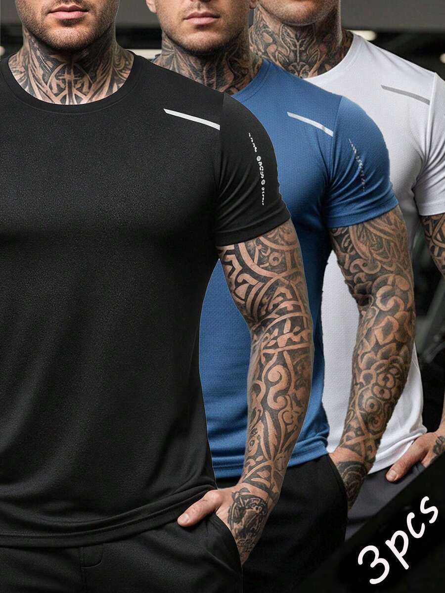3 paquetes de camisas de secado rápido para hombres, cuello redondo, holgadas, transpirables, frescas, para entrenamiento, correr, deportes atléticos, actividades al aire libre y uso casual