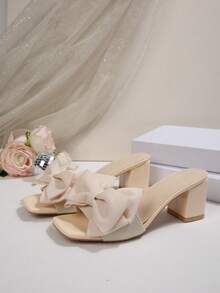 Sandal cao gót nữ bằng da PU bóng, kiểu dáng ngoài trời, có nơ, thích hợp cho tiệc tùng và mùa hè. - Màu be - Xem 7