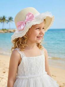 1 chiếc mũ rơm màu be gợn sóng, nơ to, màu hồng cho bé gái, mũ chống nắng mùa hè cho bé đi biển với lưới ren, phù hợp cho trẻ từ 3-8 tuổi. - 1PC - Xem 7