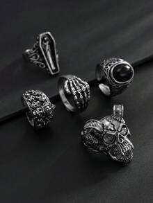 5pcs/Set Vintage Gothic Style Gemstone Mummy Ring Set, Suitable For Teenagers Daily Wear - Silver - View 2