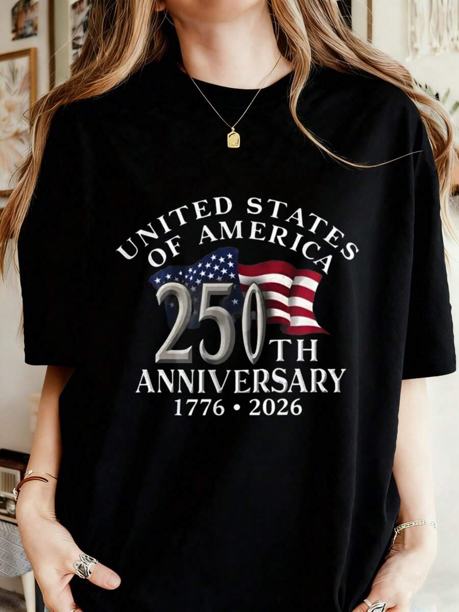 250th Anniversary Commemorative Women's T-Shirt, American Independence 250th Anniversary Printed Blend Short Sleeve Round Neck Casual Top, Elegant Vacation Commuting Style, Soft And Comfortable, Valentine's Day New Year Holiday Gift Choice, Suitable For Family, Machine Washable, Printed To Enhance Female Charm, Christmas Sexy Party Women's Clothing Gift - 黑色 - 查看 1
