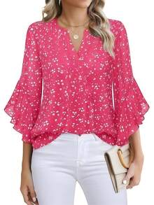 女士花卉雪纺衬衫，荷叶边装饰，七分袖，柔软V领 - 适合春、夏、秋、度假的优雅办公/休闲上衣 - 粉色 - 查看 5