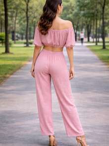 Set de dos piezas Ligero delgado Pantalón y blusa ombliguera de moda para mujer casual de uso diario de moda top corto unicolor para vacaciones - Rosa - Ver 2