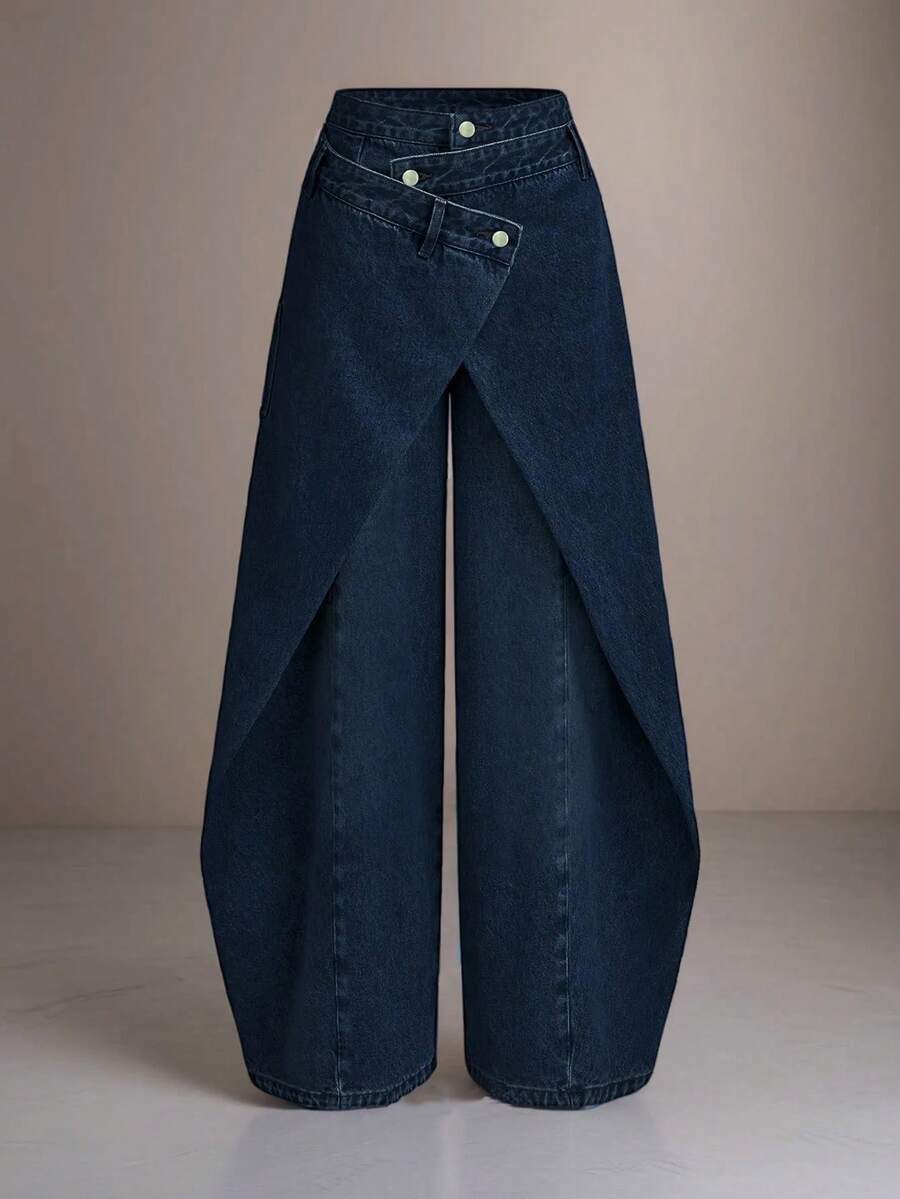 jeans de pierna ancha con frente cruzado - Azul lavado oscuro - Ver 1