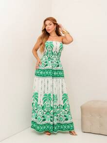RAINBOW Strapless Long Dress Plain Printed Viscose Cheap Size 36-42 With Elastic Casual Elegant Women's For Versatile And Comfortable Looks - 65-B/綠色 - 查看 1