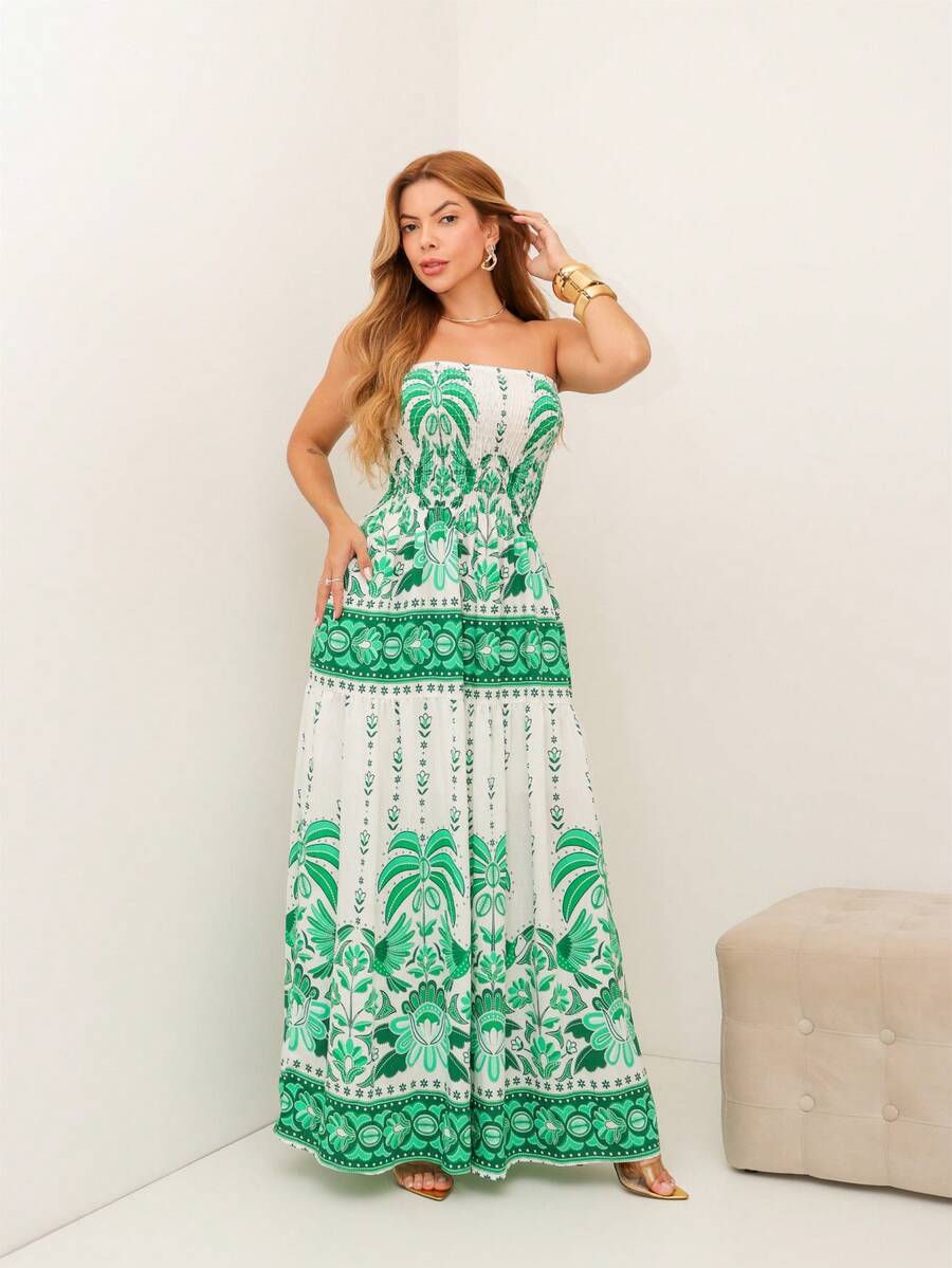 RAINBOW Strapless Long Dress Plain Printed Viscose Cheap Size 36-42 With Elastic Casual Elegant Women's For Versatile And Comfortable Looks - 65-B/綠色 - 查看 1