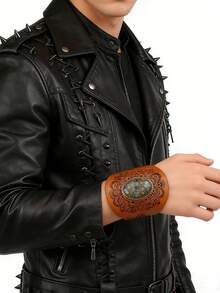 1件朋克摇滚风格铆钉绿松石色皮革手镯，男女通用宽版皮革手镯，带隐藏式搭扣，适合狂欢节、派对、音乐节等场合作为礼物 - 手鐲 - 查看 7