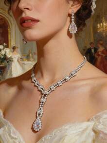 Bộ trang sức 2 món đính đá pha lê hồng hình giọt nước viền kim cương - Thiết kế thanh lịch, đa năng cho đám cưới/tiệc tùng, vòng cổ và bông tai. - Bạc - Xem 5