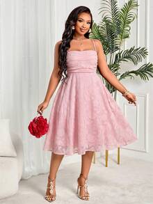 大码女士优雅A字中长连衣裙 - 花卉提花吊带系腰连衣裙，适合婚礼宾客、派对、宴会等场合，粉色夏季款 - 粉色 - 查看 3