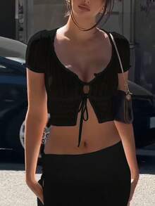 Women's Lace-Up Fitted Blouse, Casual Vacation Street Style Clothing For Spring & Summer Black - Black - View 2