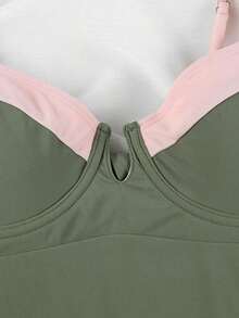 Black & White Patchwork One-Piece Swimsuit Vacation Beach Summer - Army Green - View 5