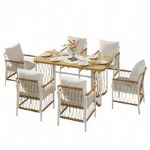 Modern Garden Set, Relaxation And Meeting Set For Several People, Iron Frame, Braided Armrests, Seat Cushions Included. - Beige - View 8