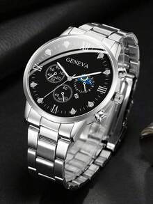 Bộ quà tặng "Phong cách công sở" 4 món của GENEVA: Gồm đồng hồ nam quartz dây thép đen bạc hiển thị chu kỳ mặt trăng, vòng tay mắt xích kiểu , dây chuyền hình thánh giá và nhẫn xoắn. Đồng hồ có mặt số đen bóng bẩy với chữ số La Mã và thiết kế ba mặt số phụ hiển thị chu kỳ mặt trăng; dây thép bạc được đánh bóng toát lên vẻ mạnh mẽ, nam tính. - Bạc - Xem 6