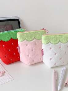 1pc Cute Plush Strawberry Storage Pouch, High-Quality Student Desk Organizer Bag, Portable Bluetooth Earphone Case, Cosmetic Bag - Strawberry - View 7