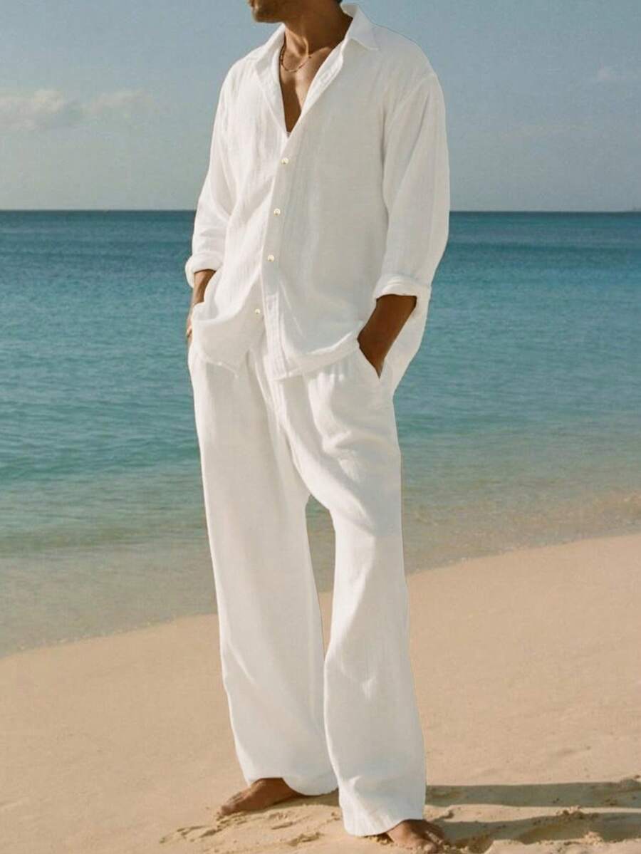Men's Casual Relaxed Versatile Long Sleeve Full Button-Down Shirt And Solid Color Drawstring Pants 2-Piece Set