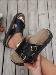 Ins Style Hollow Out Casual Slippers For Women, Double Buckle Thick Bottom Outdoor Wear, Open Toe Chunky Platform Slides, Fashionable Beach Sandals Suitable For Daily Wear - Black - View 5