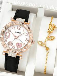 1pc Women's Fashion Minimalist Heart Quartz Watch With Diamond Number Dial + 1pc Heart Bracelet, As Valentine's Day Or Back To School Gift - Multicolor - View 10