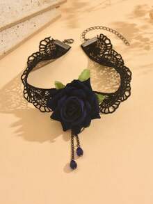 1pc Vintage Elegant Hollow Out Lace Flower Pendant With Beaded Chain Collar Necklace For Women Gothic Jewelry Daily Wear Prom Accessories - Multicolor - View 8