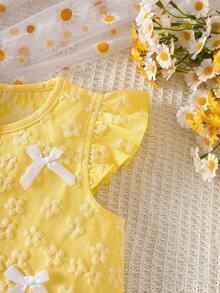 Young Girls' Spring/Summer Textured Floral Ruffle Sleeve Bow Top + Frill Hem Shorts Sweet 2-Piece Set - Yellow - View 4