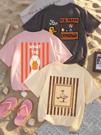 3件套少女印花短袖T恤，适合少女夏季穿着，学生服装