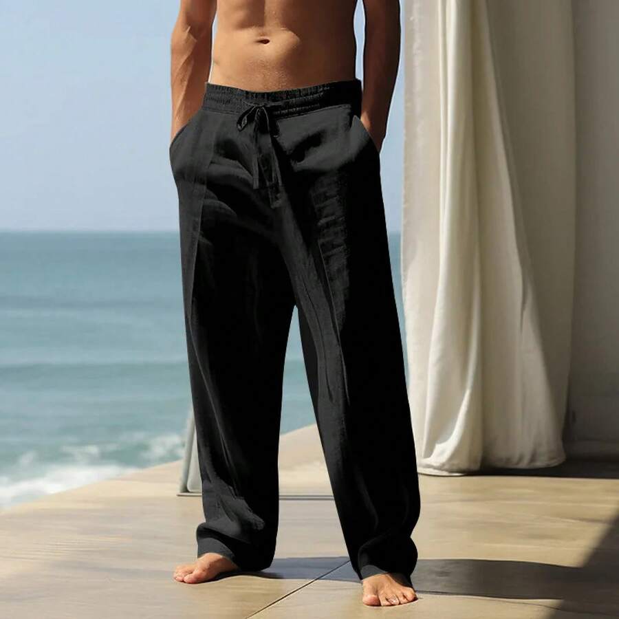 Men's Lightweight Breathable Woven Casual Pants Elastic Waist Drawstring Beach Trousers - 卡其色 - 查看 1