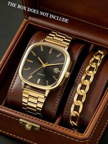 SOKI SOKI Battery-Powered Quartz Watch With Calendar Function, Retro Style, Casual Fashionable, Adjustable Strap Length, Minimalist Square Dial, Comes With Bracelet Jewelry Set. Suitable For Daily Wear, Birthday, Back To School, Thanksgiving, Couples, And An Excellent Gift Choice (No Gift Box Included) - Gold - View 7