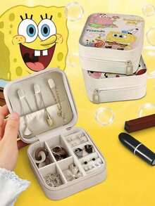 SpongeBob SquarePants 1 pieza Caja de joyería de cuero con 4 compartimentos con tema, caja de almacenamiento de joyas cuadrada de estilo anime de dibujos animados al azar, colorida y de lujo, con múltiples ranuras, antioxidante, minimalista y de moda, adecuada para escritorio de oficina, dormitorio, regalo del Día de San Valentín - Multicolor - Ver 4